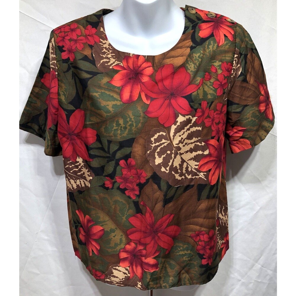 Cristin Stevens Rayon S top Red Short Sleeve tropical Floral Hawaiian luau